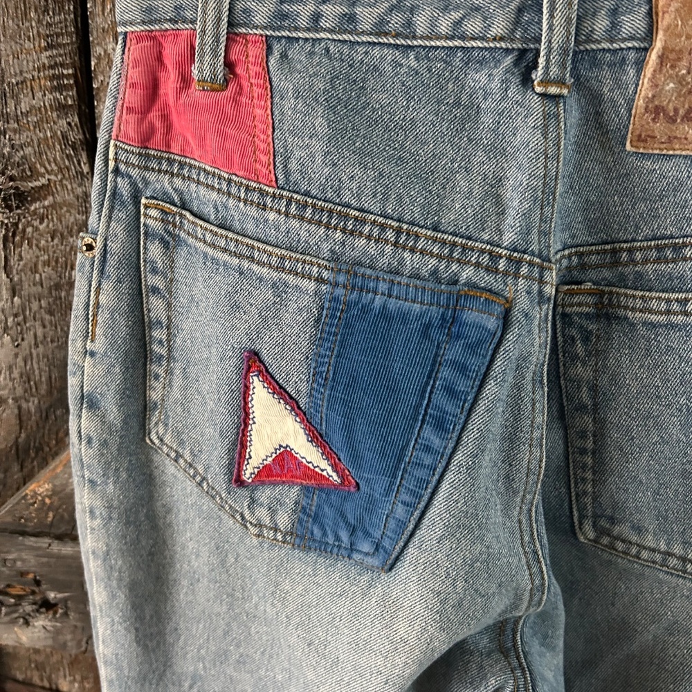 Women's Vintage NAF NAF Stone Wash Jeans w/Colourful Corduroy "Patches" - Picture 4 of 6